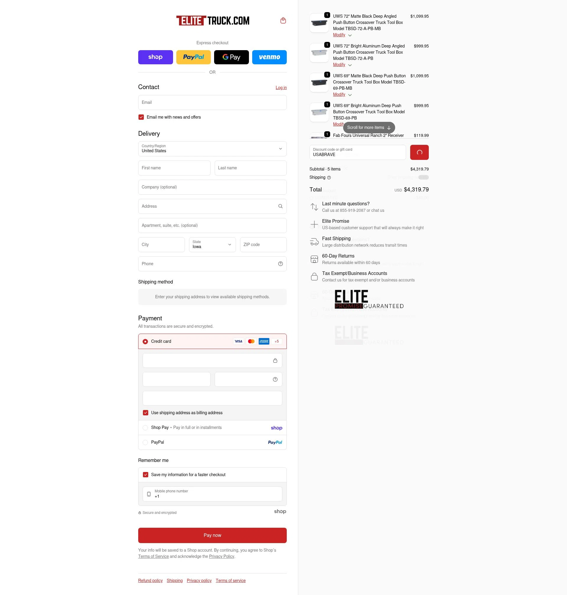 Elite Truck checkout page showing Elite Truck discount code box | Screenshot taken by SimplyCodes community member on Jan 28, 2026