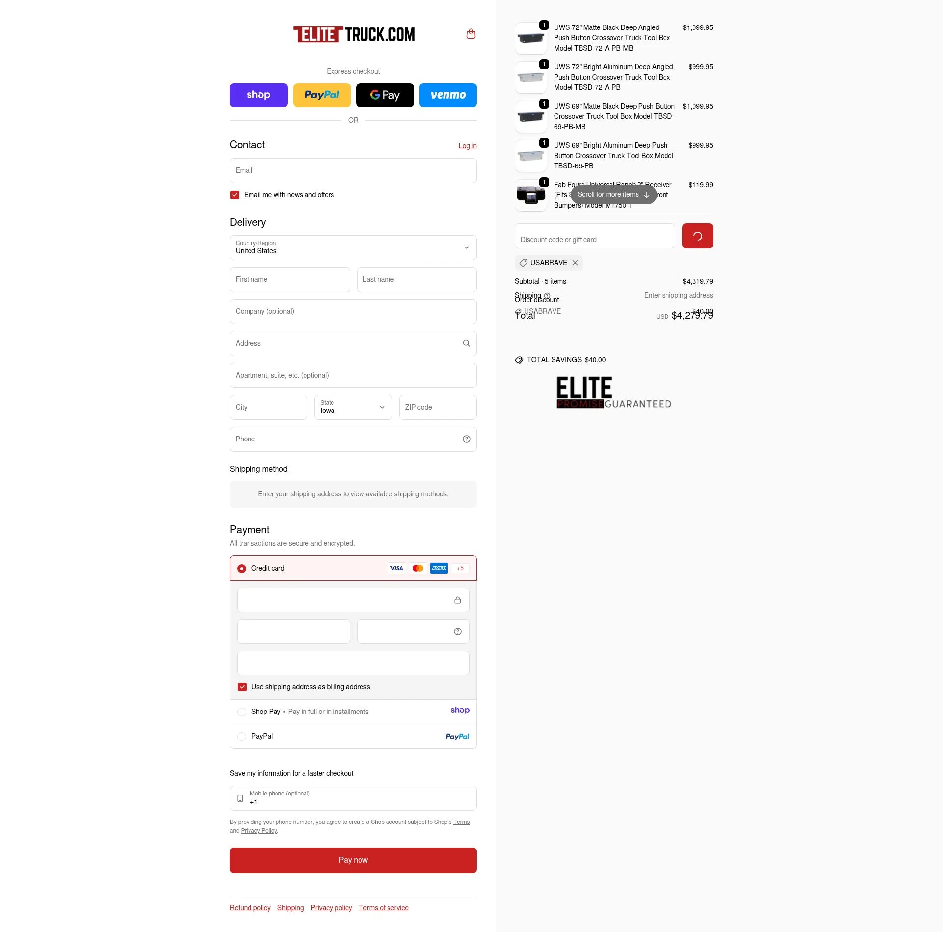 Elite Truck checkout page showing Elite Truck discount code box | Screenshot taken by SimplyCodes community member on Jan 18, 2026