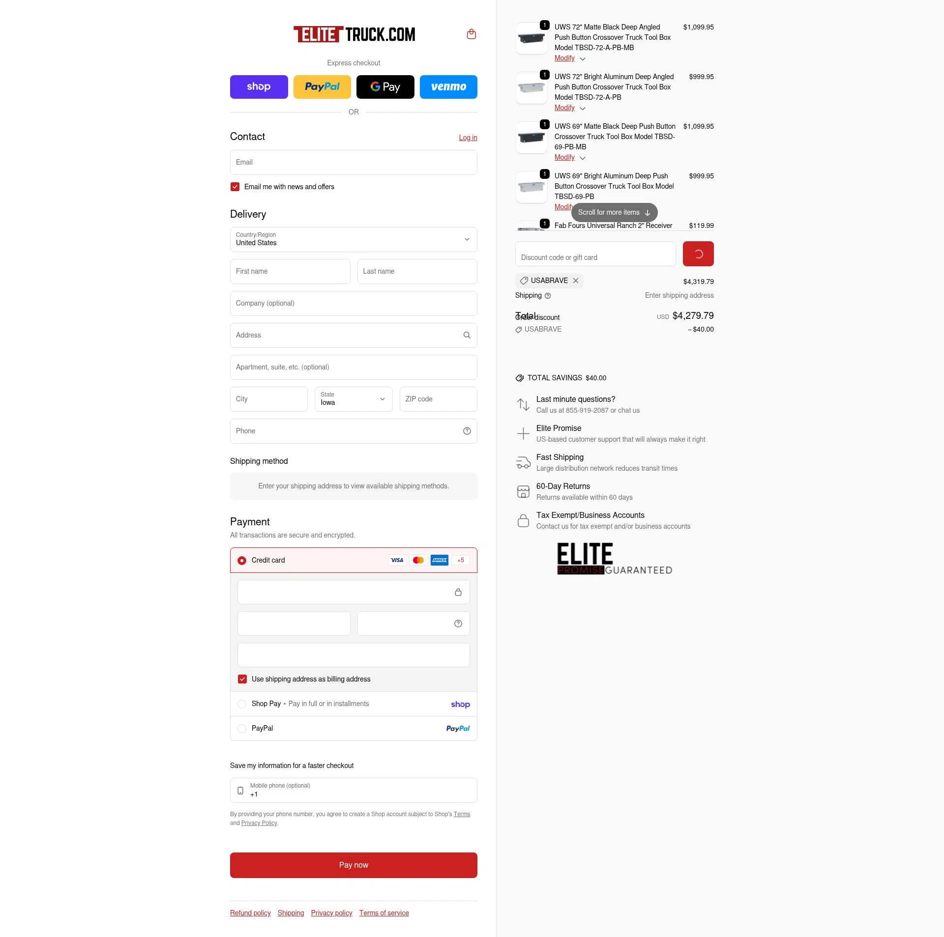 Elite Truck checkout page showing Elite Truck discount code box | Screenshot taken by SimplyCodes community member on Feb 1, 2026
