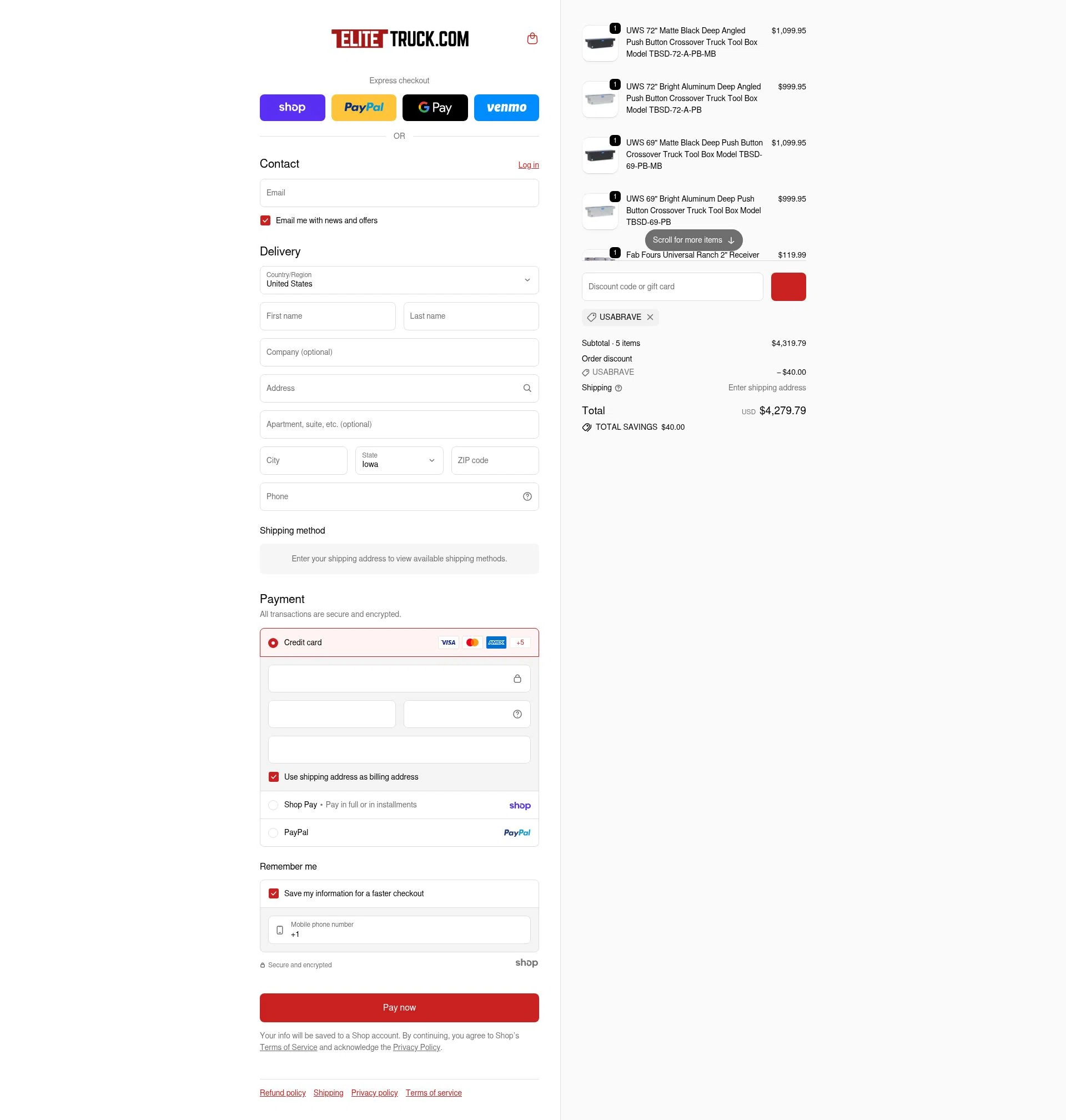 Elite Truck checkout page showing Elite Truck discount code box | Screenshot taken by SimplyCodes community member on Jan 23, 2026