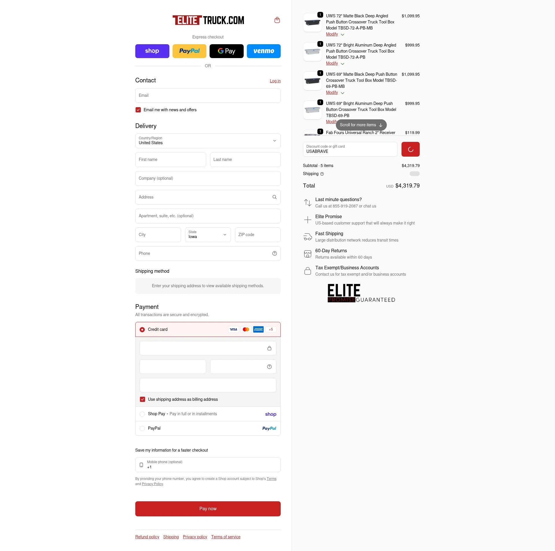 Elite Truck checkout page showing Elite Truck discount code box | Screenshot taken by SimplyCodes community member on Feb 5, 2026