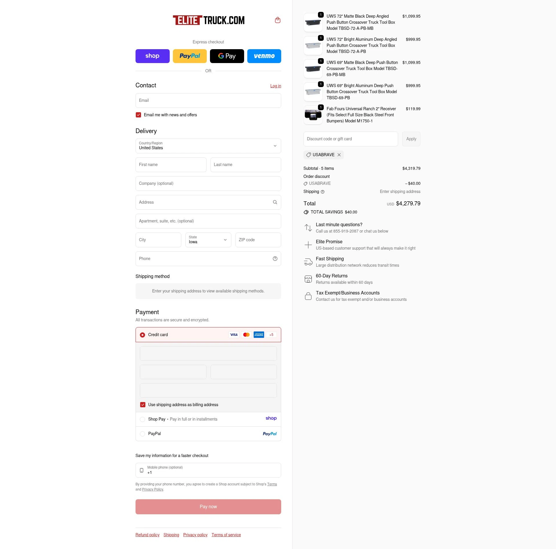 Elite Truck checkout page showing Elite Truck discount code box | Screenshot taken by SimplyCodes community member on Jan 13, 2026