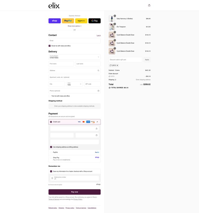 Elix Healing checkout page showing Elix Healing discount code box | Screenshot taken by SimplyCodes community member on Sep 4, 2025