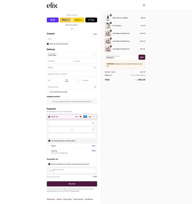 Elix Healing checkout page showing Elix Healing discount code box | Screenshot taken by SimplyCodes community member on Sep 4, 2025