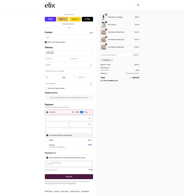 Elix Healing checkout page showing Elix Healing discount code box | Screenshot taken by SimplyCodes community member on Sep 4, 2025