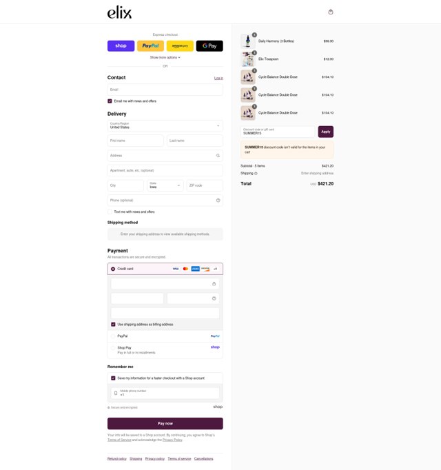 Elix Healing checkout page showing Elix Healing discount code box | Screenshot taken by SimplyCodes community member on Sep 4, 2025