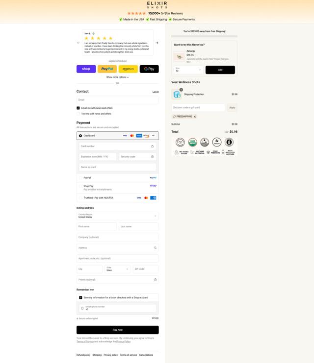 Elixir Shots checkout page showing Elixir Shots promo code box | Screenshot taken by SimplyCodes community member on Sep 8, 2025