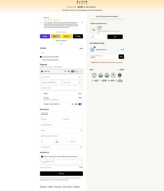 Elixir Shots checkout page showing Elixir Shots promo code box | Screenshot taken by SimplyCodes community member on Sep 8, 2025