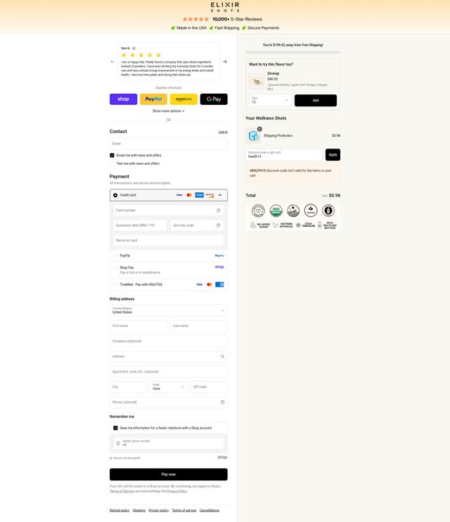 Elixir Shots checkout page showing Elixir Shots promo code box | Screenshot taken by SimplyCodes community member on Sep 8, 2025
