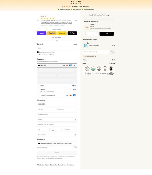 Elixir Shots checkout page showing Elixir Shots promo code box | Screenshot taken by SimplyCodes community member on Sep 12, 2025