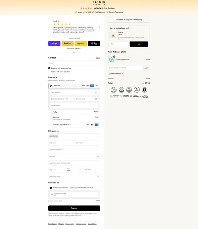 Elixir Shots checkout page showing Elixir Shots promo code box | Screenshot taken by SimplyCodes community member on Sep 12, 2025