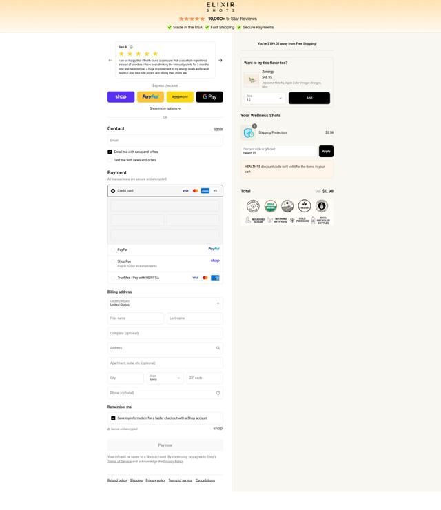 Elixir Shots checkout page showing Elixir Shots promo code box | Screenshot taken by SimplyCodes community member on Sep 12, 2025