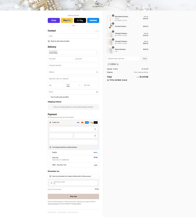 Elizabeth Cole Jewelry checkout page showing Elizabeth Cole Jewelry promo code box | Screenshot taken by SimplyCodes community member on Aug 29, 2025