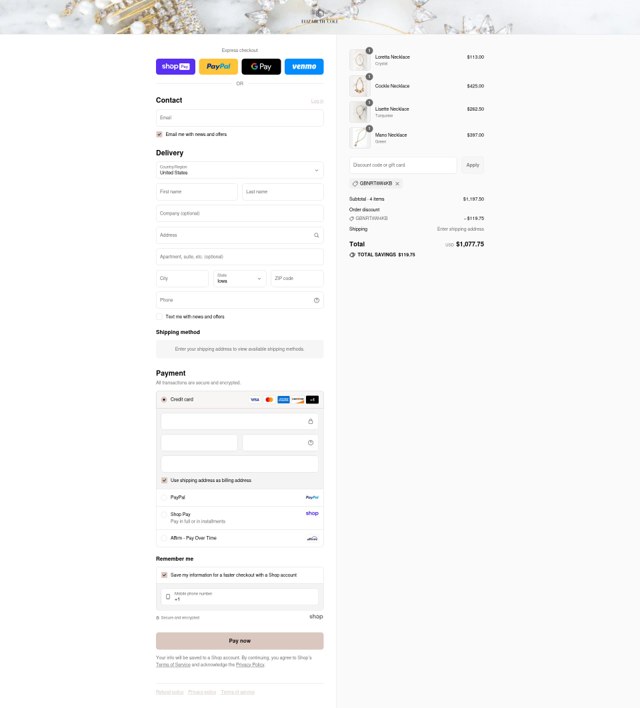 Elizabeth Cole Jewelry checkout page showing Elizabeth Cole Jewelry promo code box | Screenshot taken by SimplyCodes community member on Aug 24, 2025