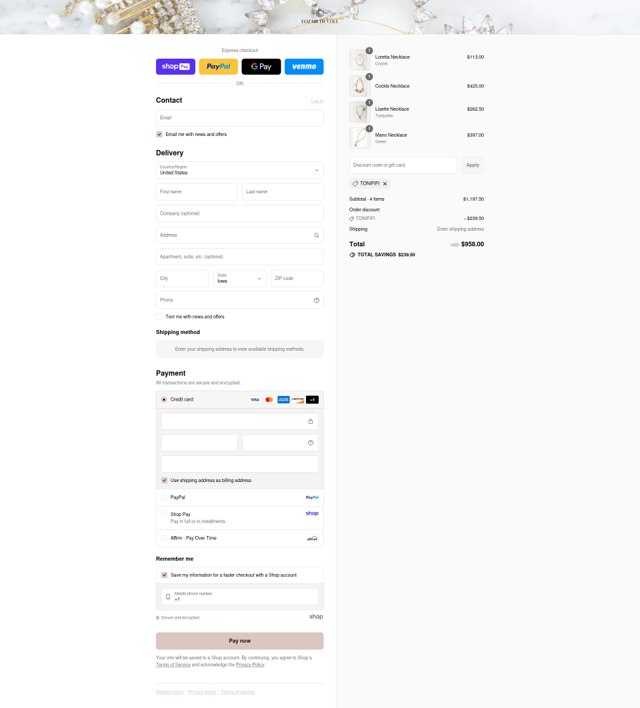 Elizabeth Cole Jewelry checkout page showing Elizabeth Cole Jewelry promo code box | Screenshot taken by SimplyCodes community member on Aug 24, 2025