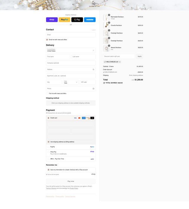 Elizabeth Cole Jewelry checkout page showing Elizabeth Cole Jewelry promo code box | Screenshot taken by SimplyCodes community member on Aug 29, 2025