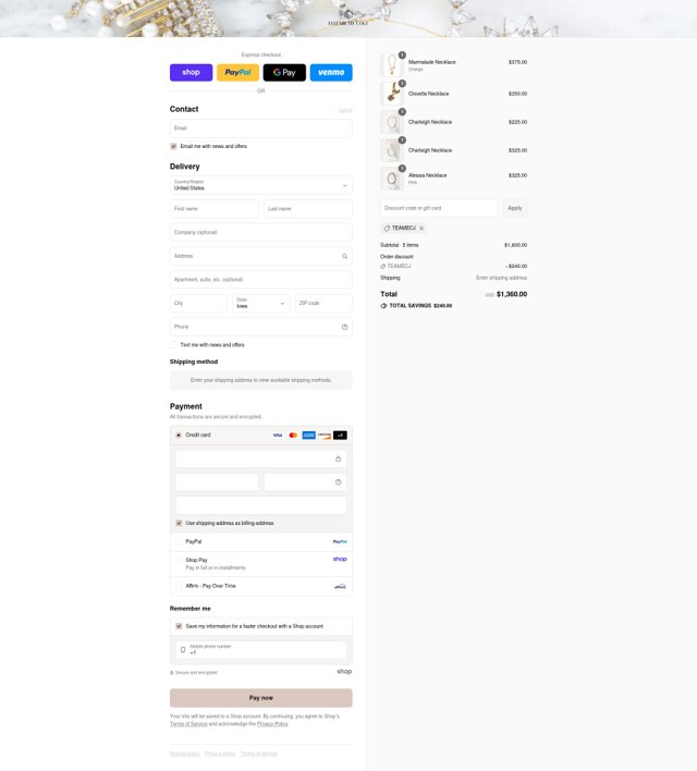 Elizabeth Cole Jewelry checkout page showing Elizabeth Cole Jewelry promo code box | Screenshot taken by SimplyCodes community member on Aug 29, 2025