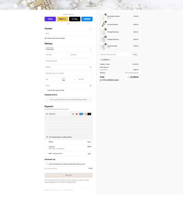 Elizabeth Cole Jewelry checkout page showing Elizabeth Cole Jewelry promo code box | Screenshot taken by SimplyCodes community member on Aug 29, 2025