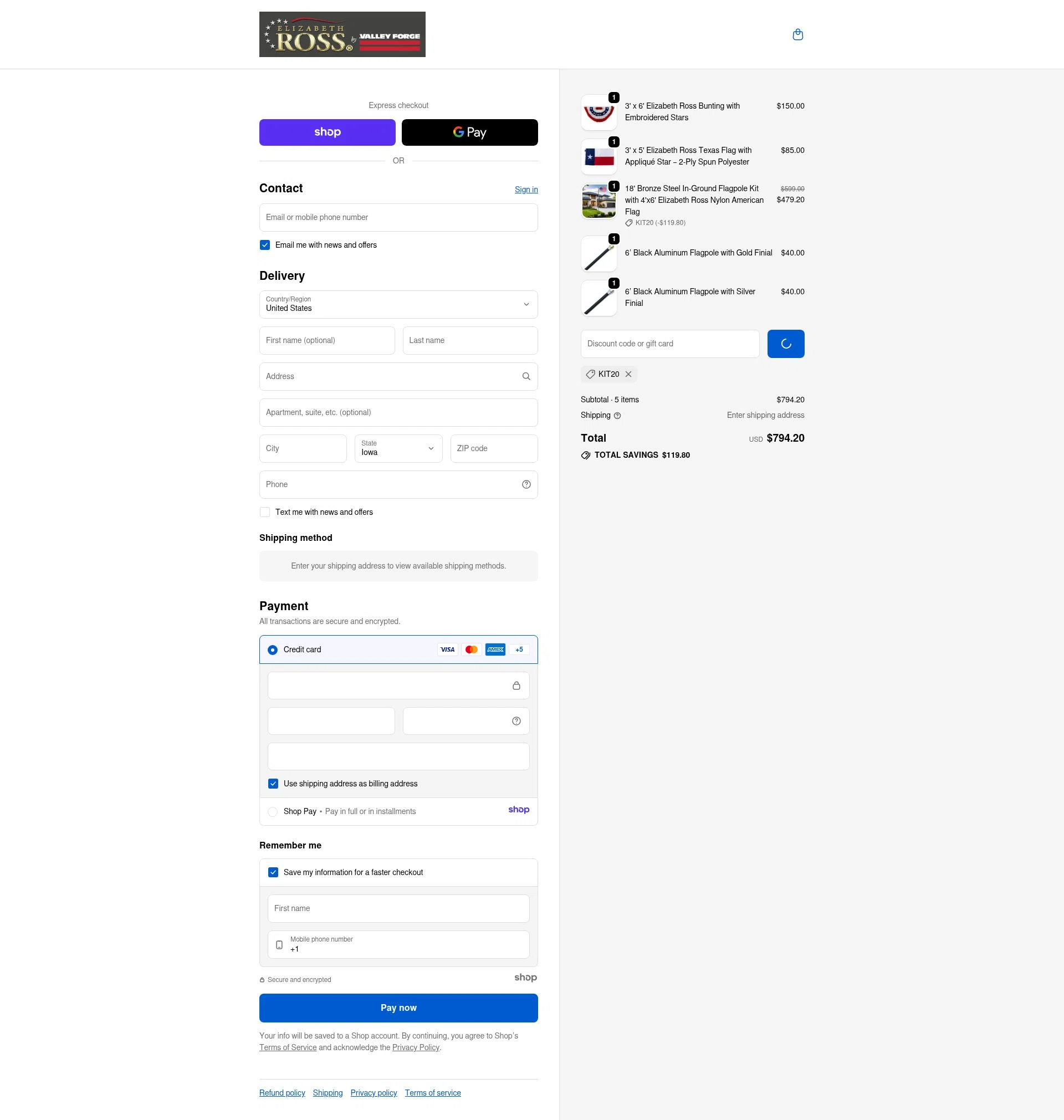 Elizabeth Ross Flags checkout page showing Elizabeth Ross Flags promo code box | Screenshot taken by SimplyCodes community member on Jan 3, 2026