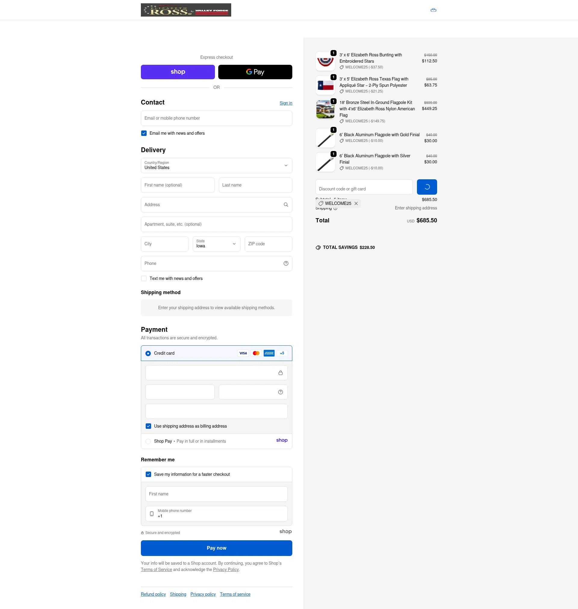 Elizabeth Ross Flags checkout page showing Elizabeth Ross Flags promo code box | Screenshot taken by SimplyCodes community member on Jan 3, 2026