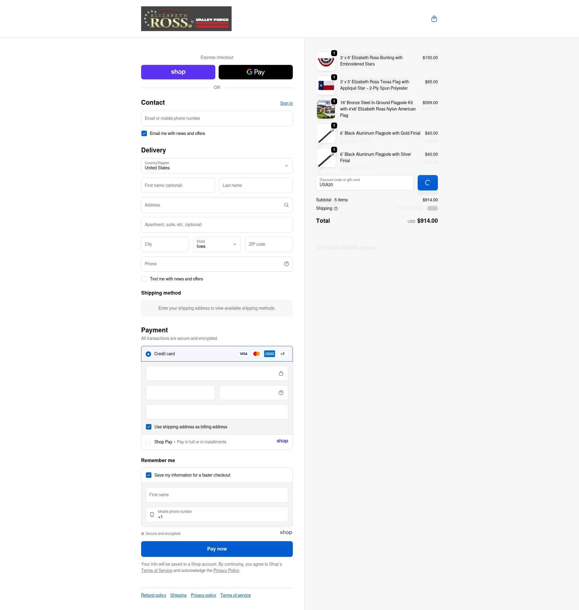 Elizabeth Ross Flags checkout page showing Elizabeth Ross Flags promo code box | Screenshot taken by SimplyCodes community member on Dec 29, 2025