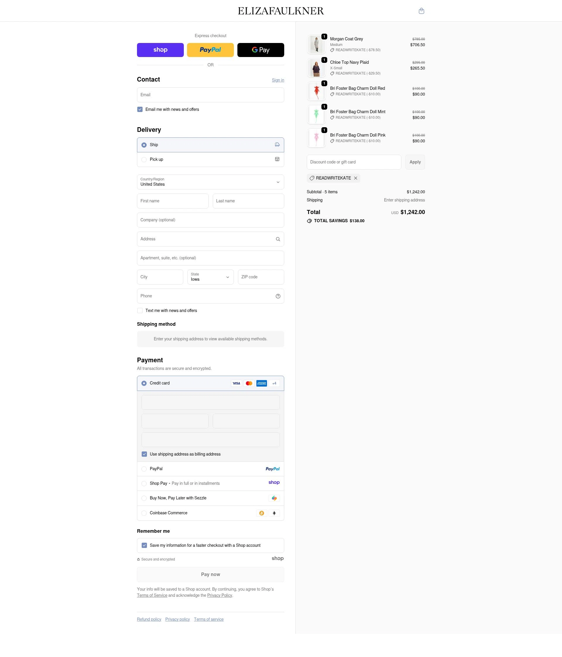 Eliza Faulkner checkout page showing Eliza Faulkner promo code box | Screenshot taken by SimplyCodes community member on Dec 11, 2025