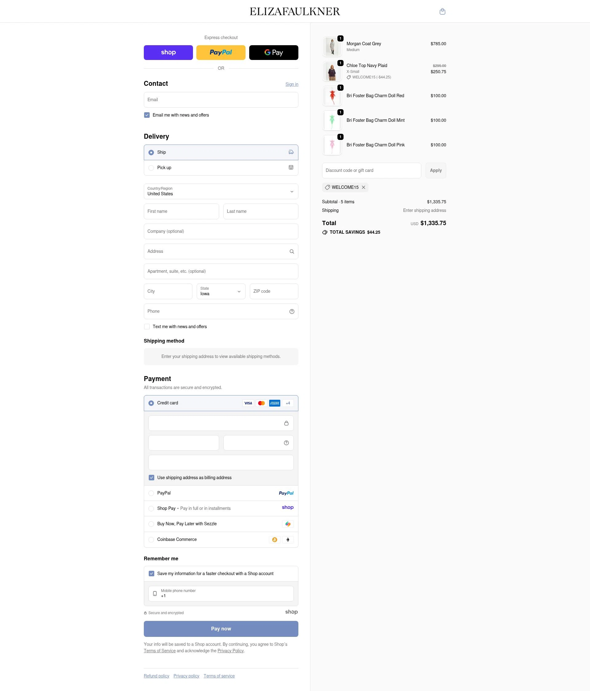 Eliza Faulkner checkout page showing Eliza Faulkner promo code box | Screenshot taken by SimplyCodes community member on Dec 11, 2025