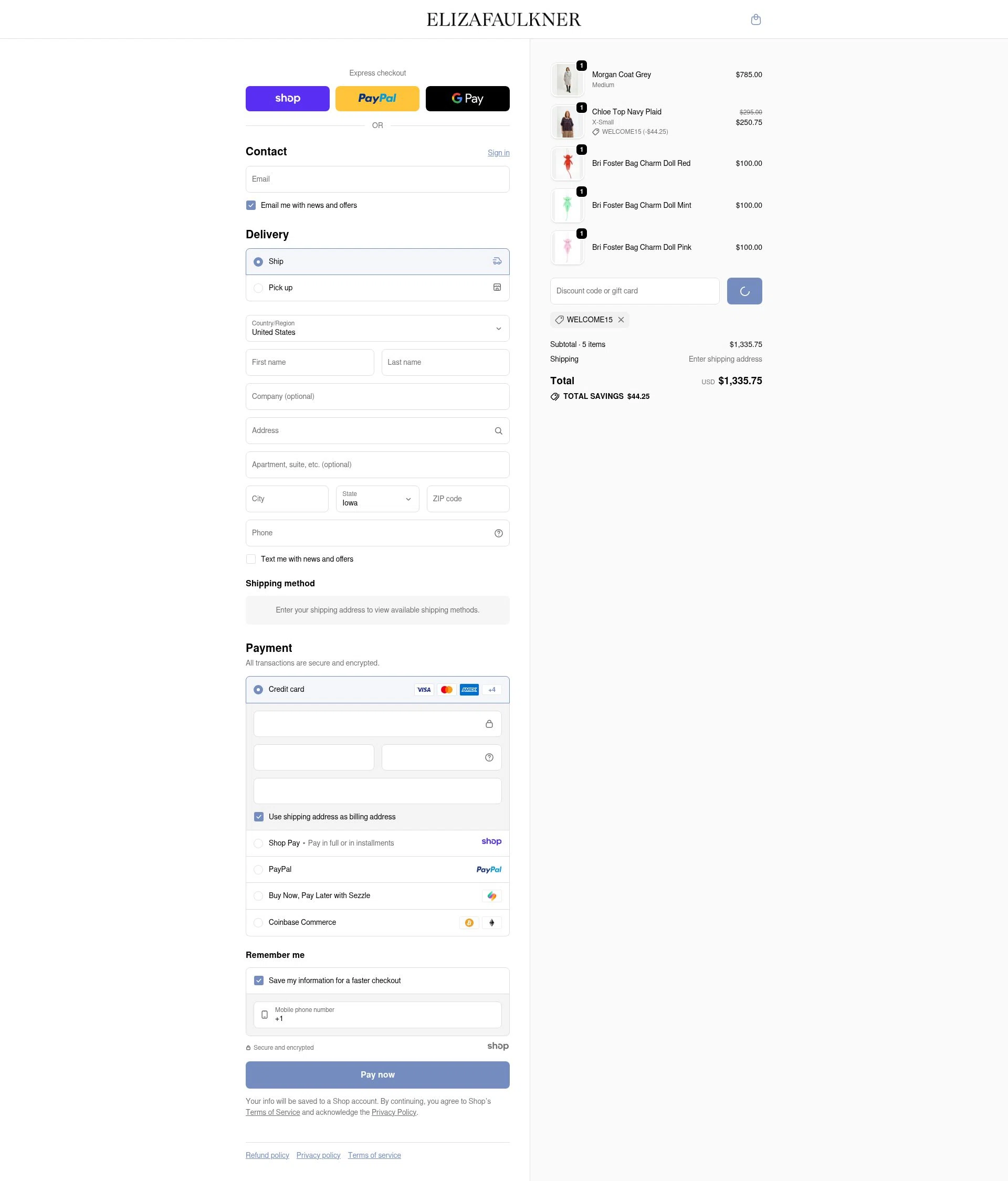 Eliza Faulkner checkout page showing Eliza Faulkner promo code box | Screenshot taken by SimplyCodes community member on Dec 24, 2025