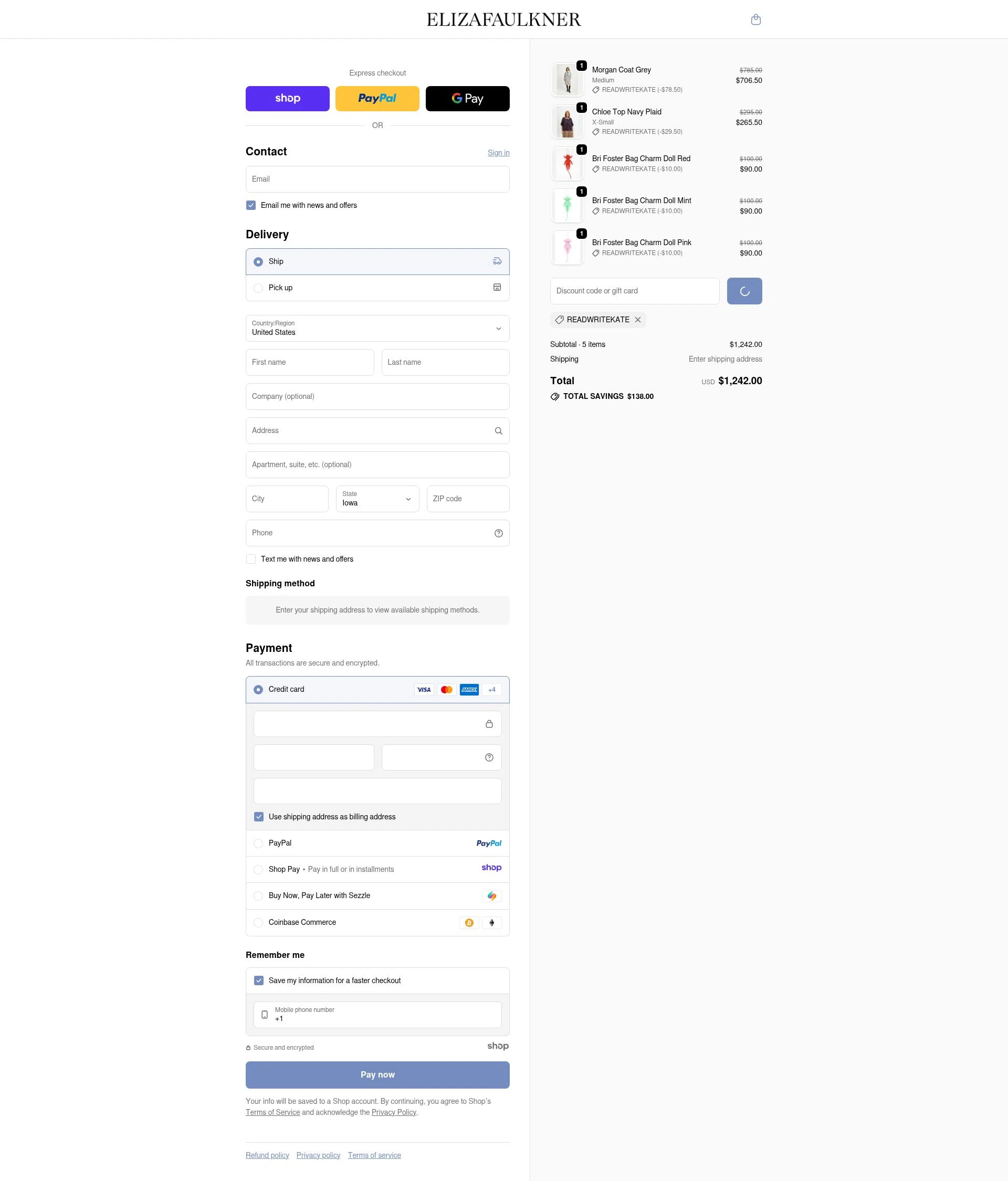 Eliza Faulkner checkout page showing Eliza Faulkner promo code box | Screenshot taken by SimplyCodes community member on Dec 17, 2025