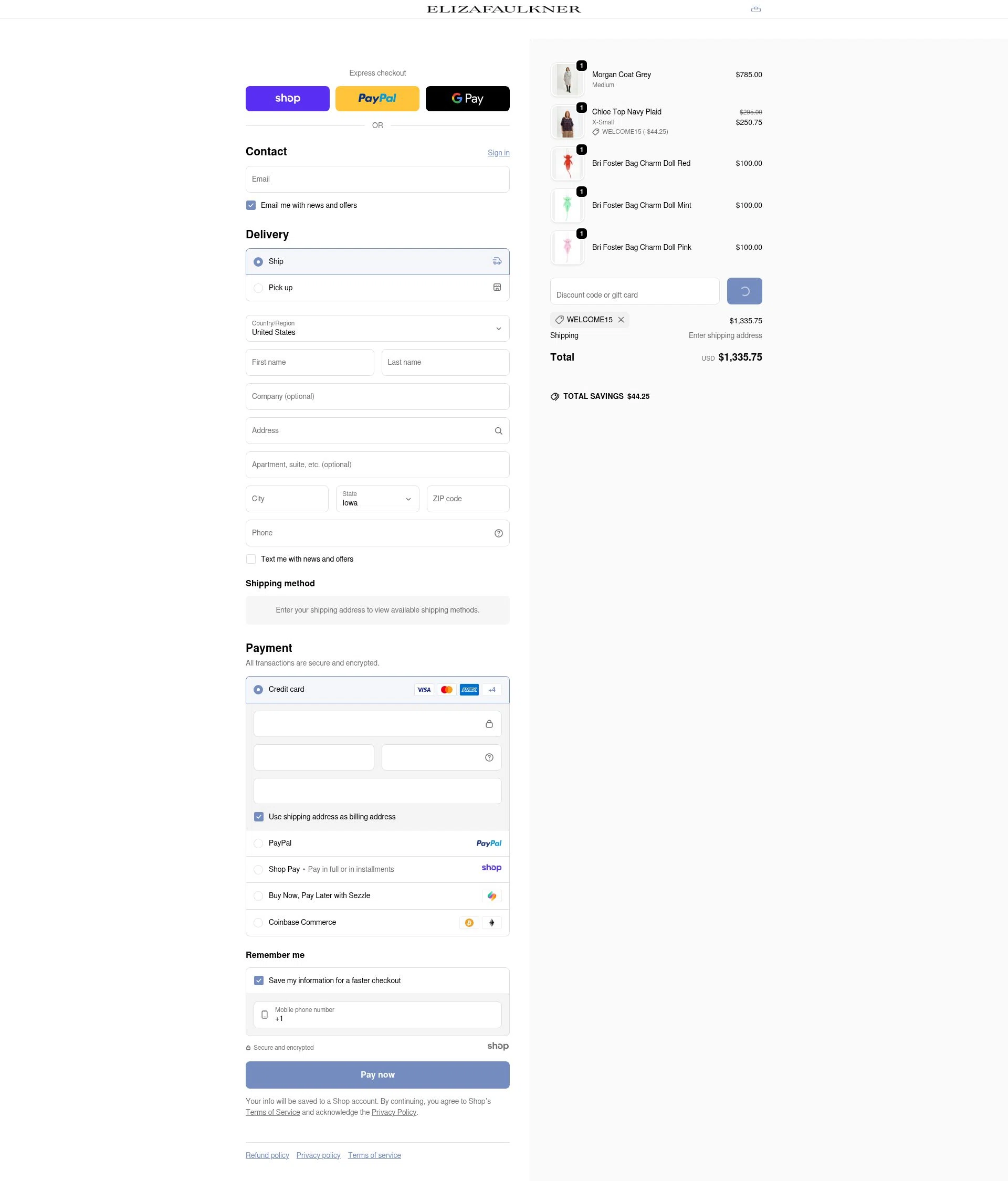 Eliza Faulkner checkout page showing Eliza Faulkner promo code box | Screenshot taken by SimplyCodes community member on Dec 17, 2025