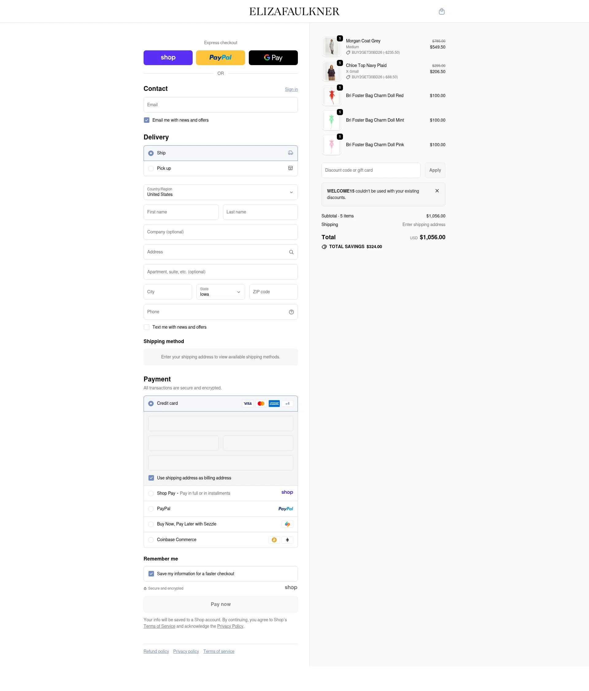 Eliza Faulkner checkout page showing Eliza Faulkner promo code box | Screenshot taken by SimplyCodes community member on Jan 2, 2026
