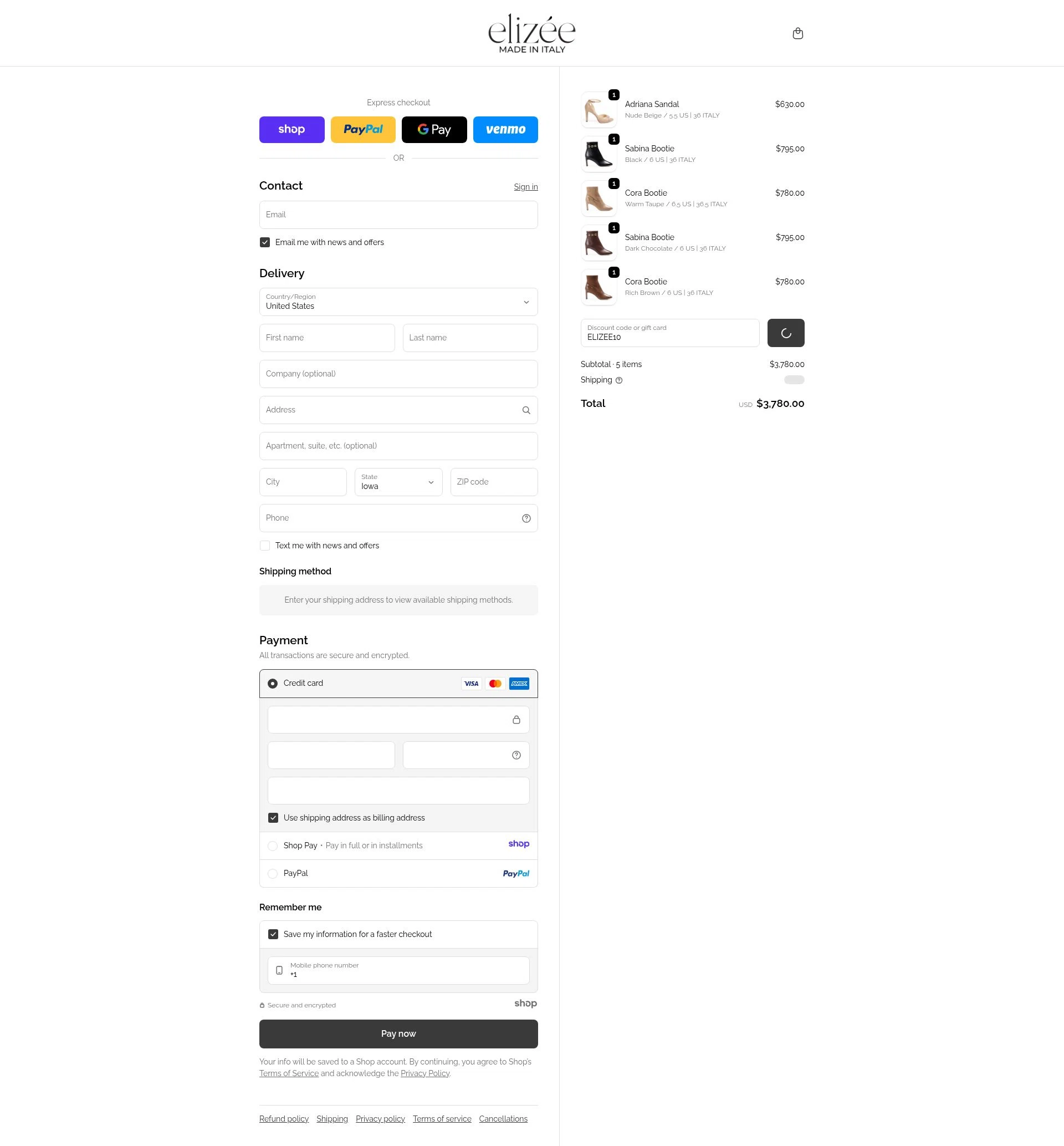 Elizee Shoes checkout page showing Elizee Shoes promo code box | Screenshot taken by SimplyCodes community member on Dec 28, 2025