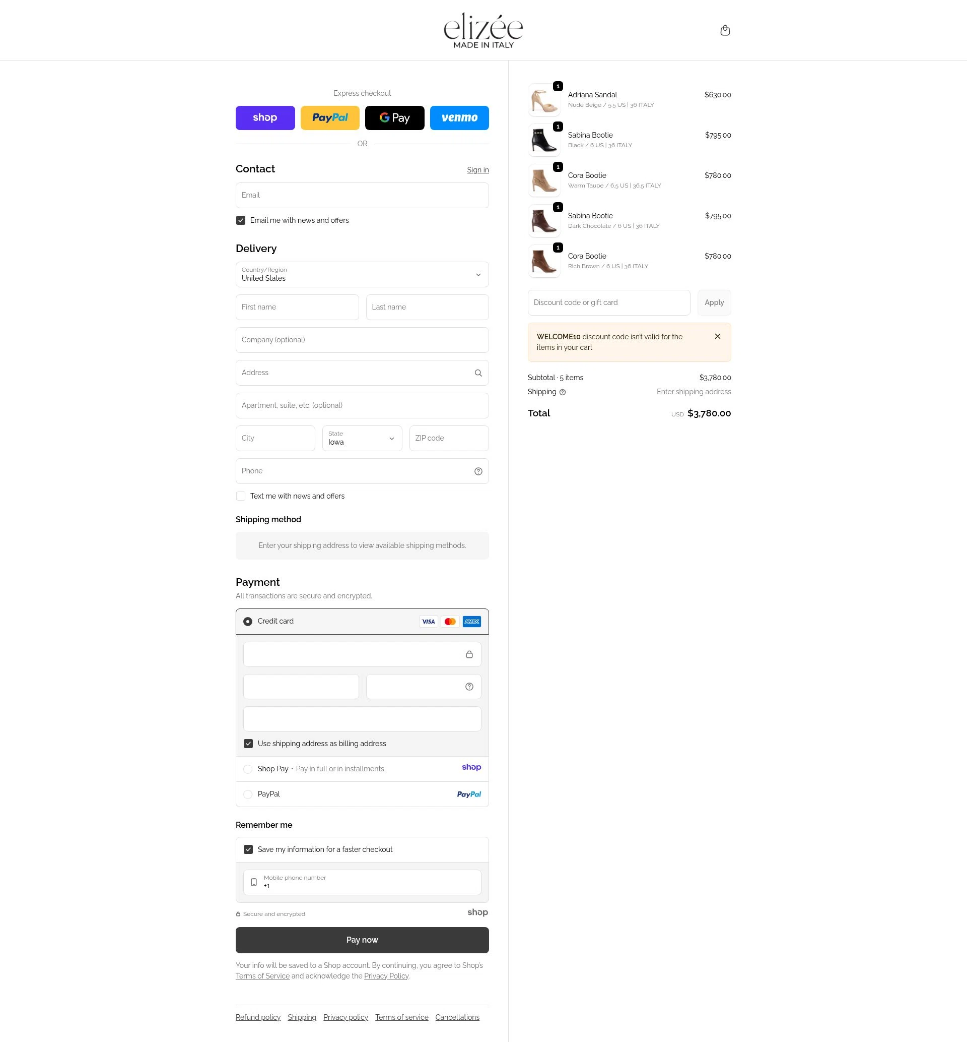Elizee Shoes checkout page showing Elizee Shoes promo code box | Screenshot taken by SimplyCodes community member on Dec 28, 2025
