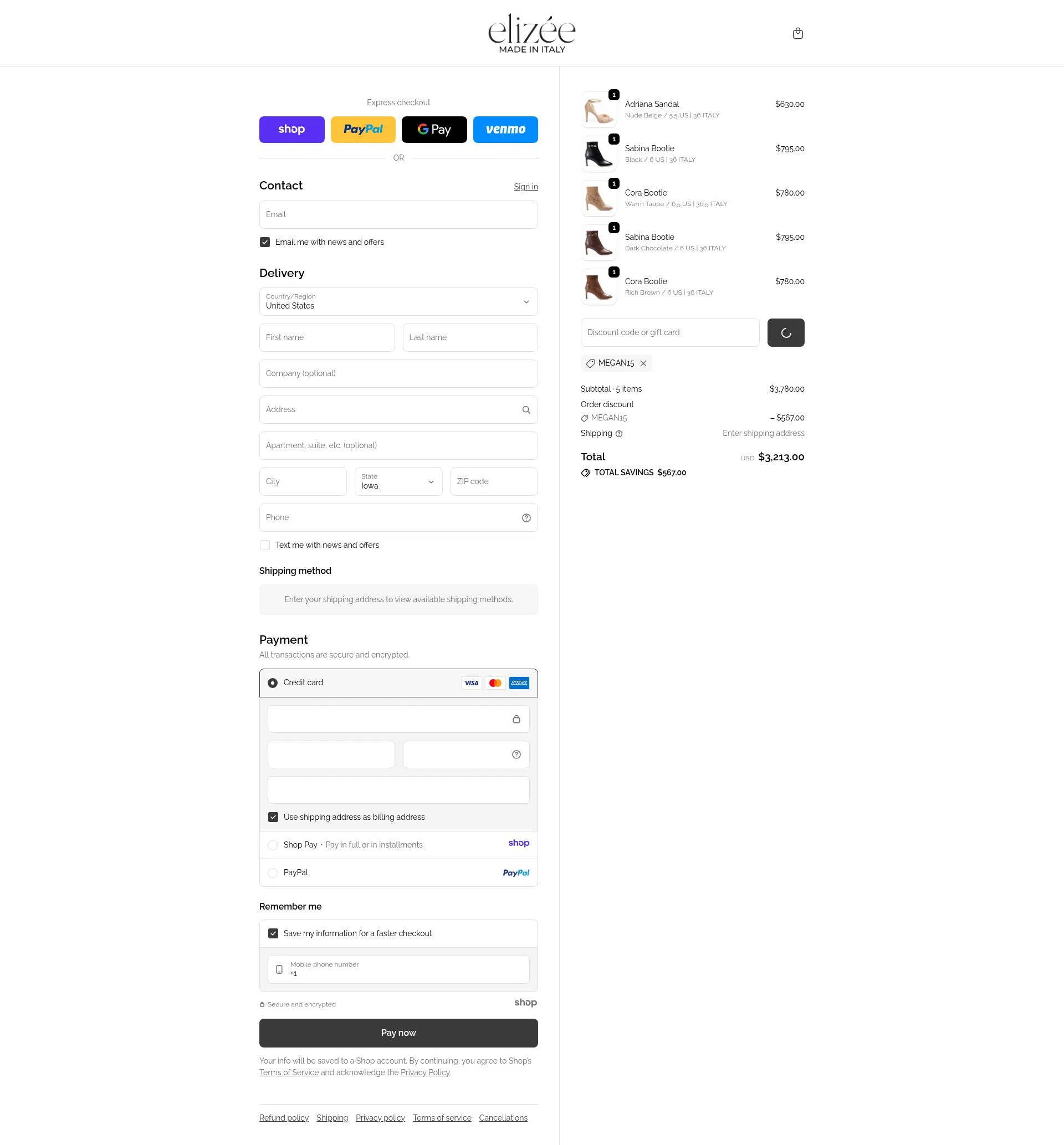 Elizee Shoes checkout page showing Elizee Shoes promo code box | Screenshot taken by SimplyCodes community member on Dec 28, 2025
