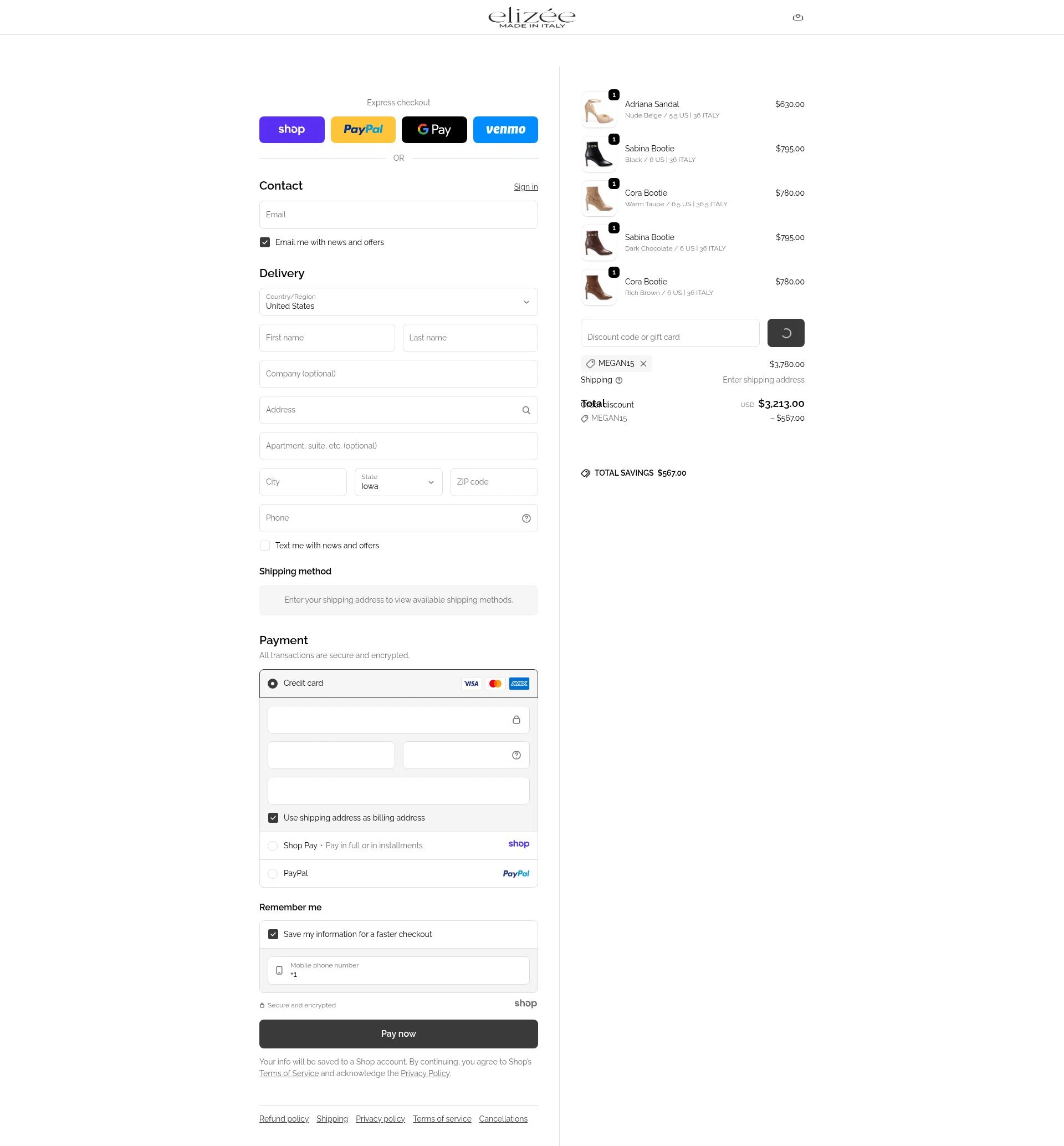 Elizee Shoes checkout page showing Elizee Shoes promo code box | Screenshot taken by SimplyCodes community member on Dec 23, 2025