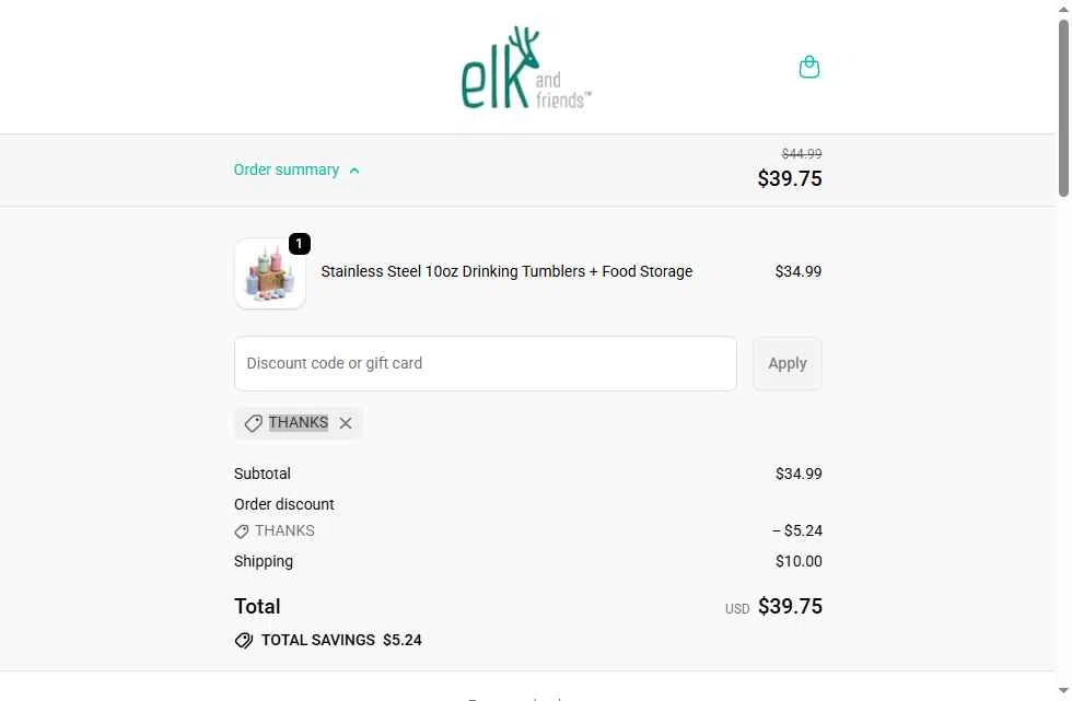 Elk and Friends checkout page showing Elk and Friends discount code box | Screenshot taken by SimplyCodes community member on Feb 6, 2026
