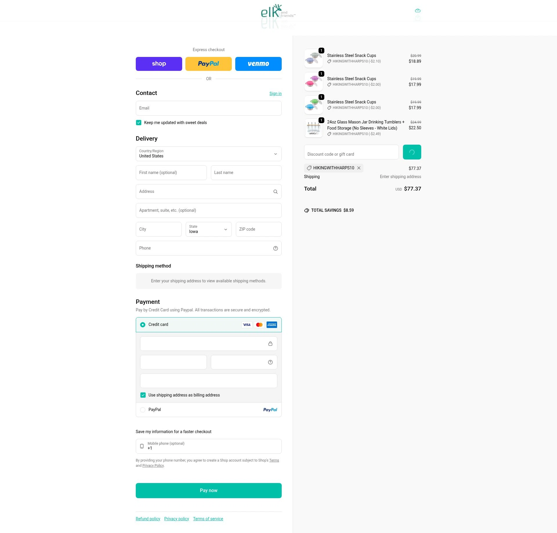 Elk and Friends checkout page showing Elk and Friends discount code box | Screenshot taken by SimplyCodes community member on Feb 2, 2026