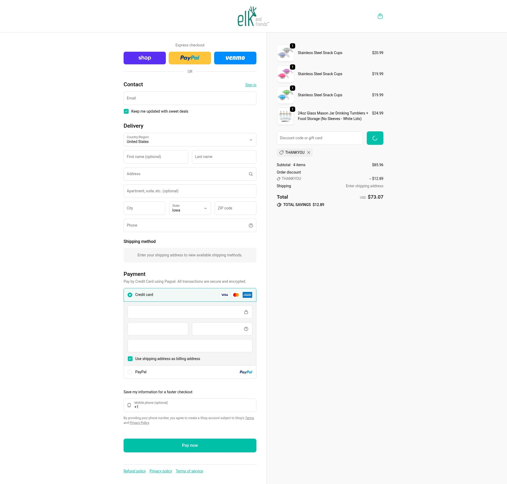 Elk and Friends checkout page showing Elk and Friends discount code box | Screenshot taken by SimplyCodes community member on Feb 2, 2026
