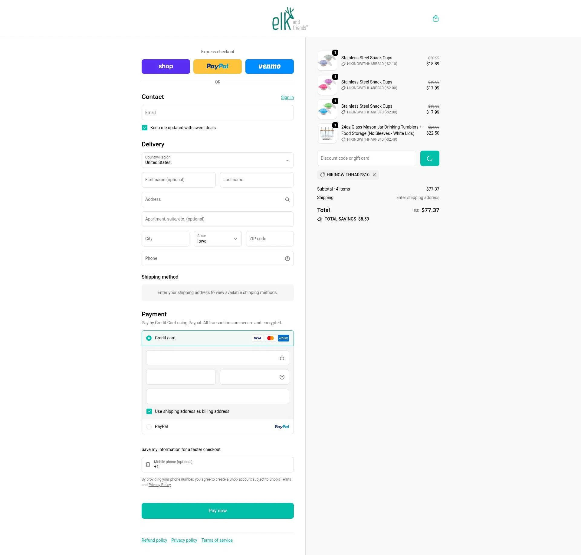 Elk and Friends checkout page showing Elk and Friends discount code box | Screenshot taken by SimplyCodes community member on Feb 7, 2026