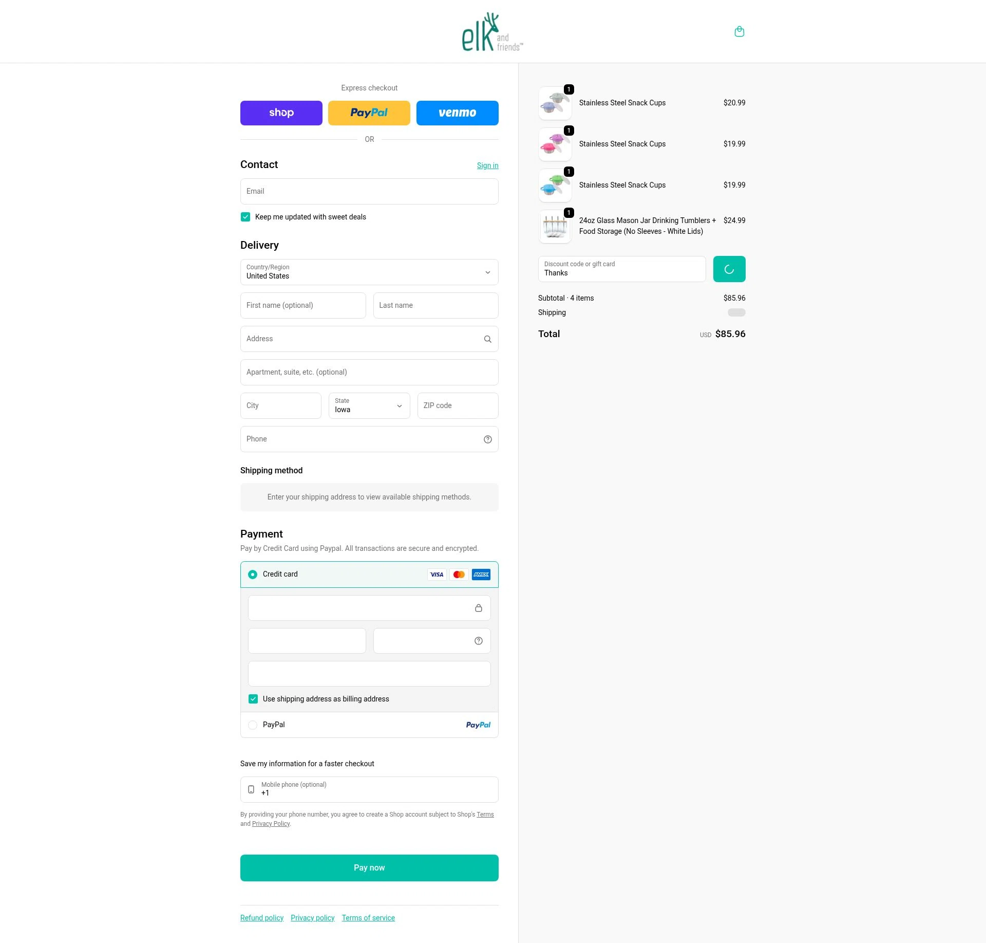 Elk and Friends checkout page showing Elk and Friends discount code box | Screenshot taken by SimplyCodes community member on Feb 2, 2026