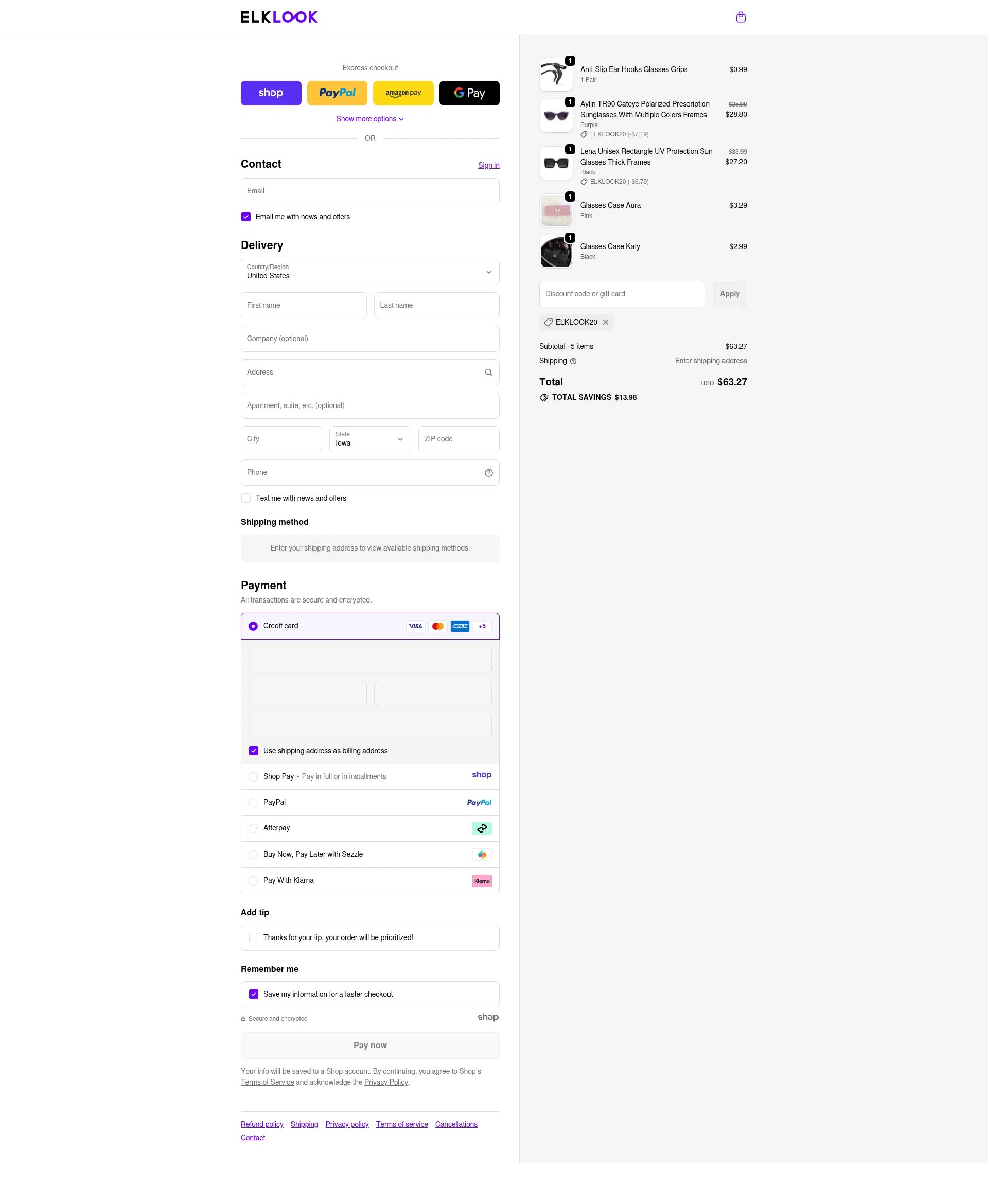 Elklook checkout page showing Elklook coupon code box | Screenshot taken by SimplyCodes community member on Jan 3, 2026