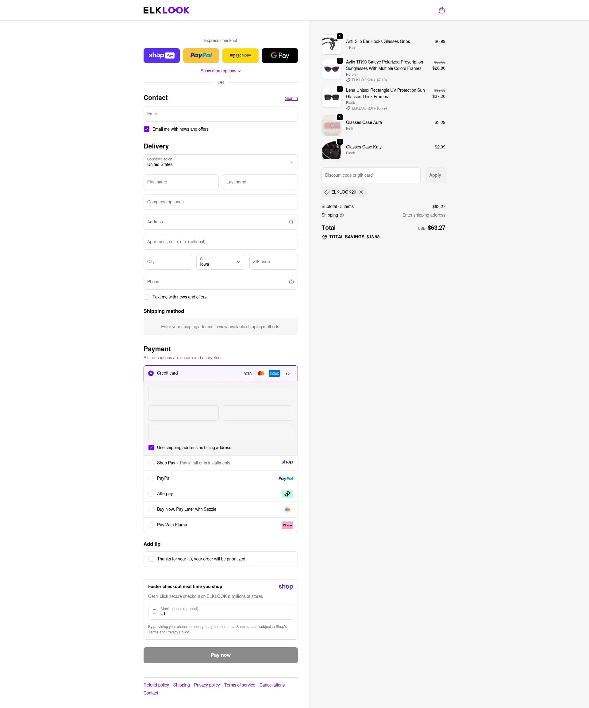Elklook checkout page showing Elklook coupon code box | Screenshot taken by SimplyCodes community member on Jan 9, 2026