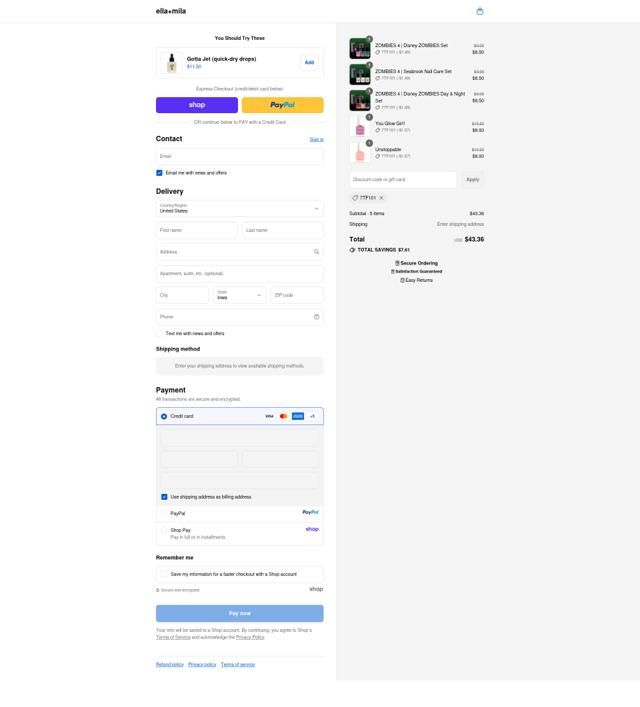 Ella+Mila checkout page showing Ella+Mila promo code box | Screenshot taken by SimplyCodes community member on Sep 15, 2025