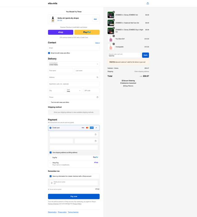 Ella+Mila checkout page showing Ella+Mila promo code box | Screenshot taken by SimplyCodes community member on Sep 15, 2025