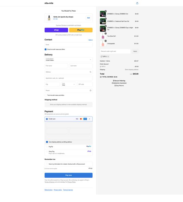 Ella+Mila checkout page showing Ella+Mila promo code box | Screenshot taken by SimplyCodes community member on Sep 15, 2025