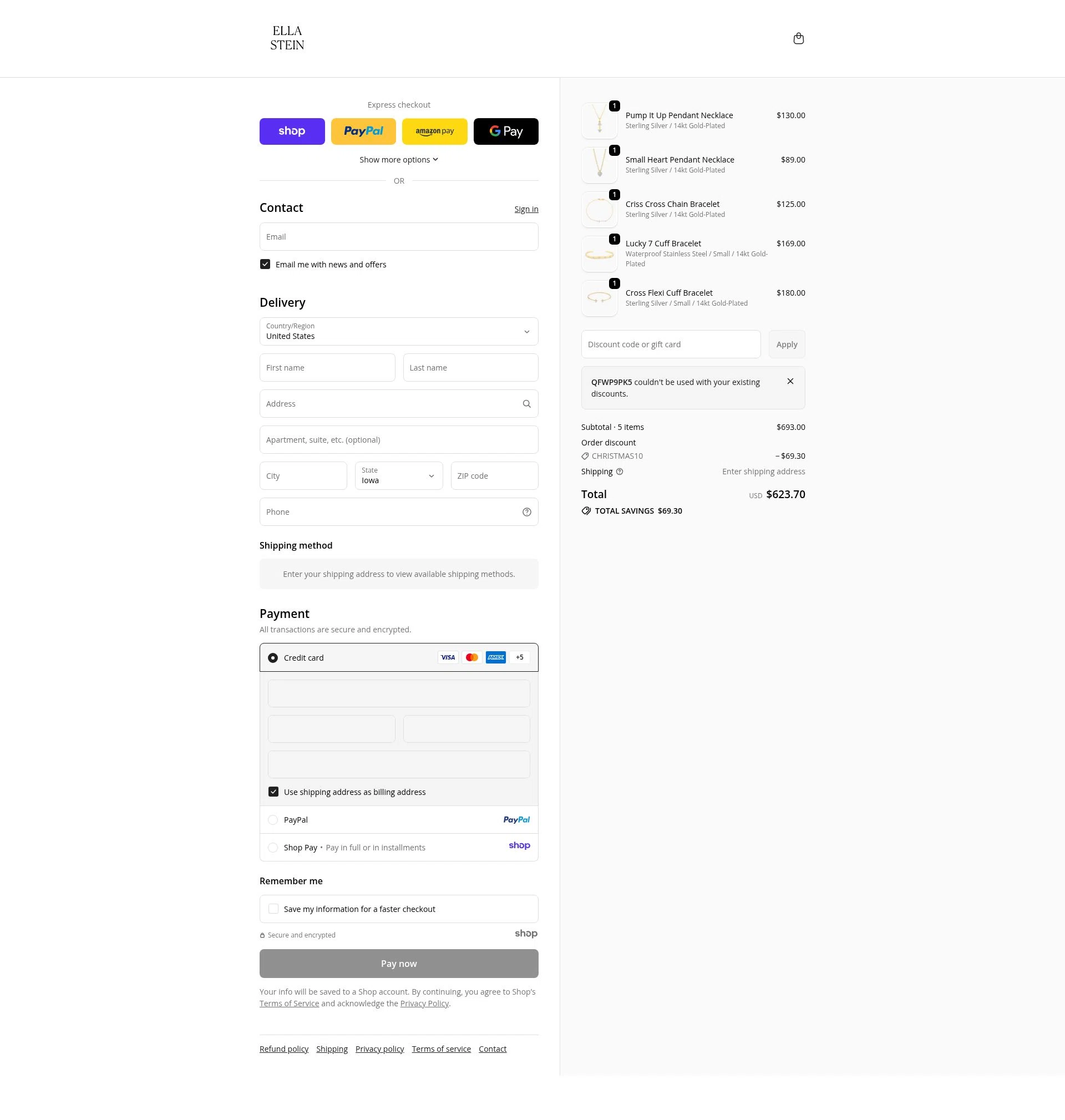 EllaStein checkout page showing EllaStein promo code box | Screenshot taken by SimplyCodes community member on Dec 16, 2025