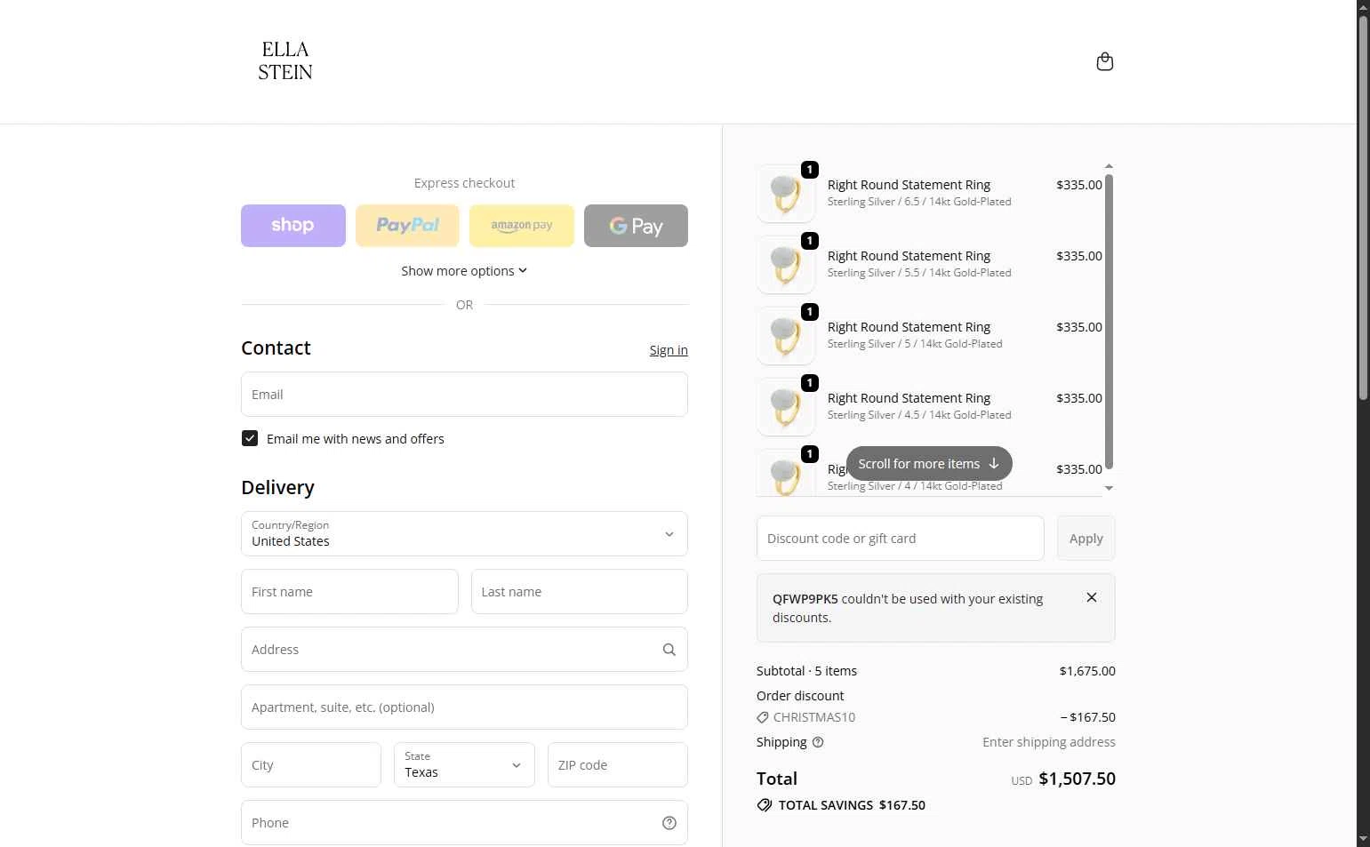 EllaStein checkout page showing EllaStein promo code box | Screenshot taken by SimplyCodes community member on Dec 17, 2025