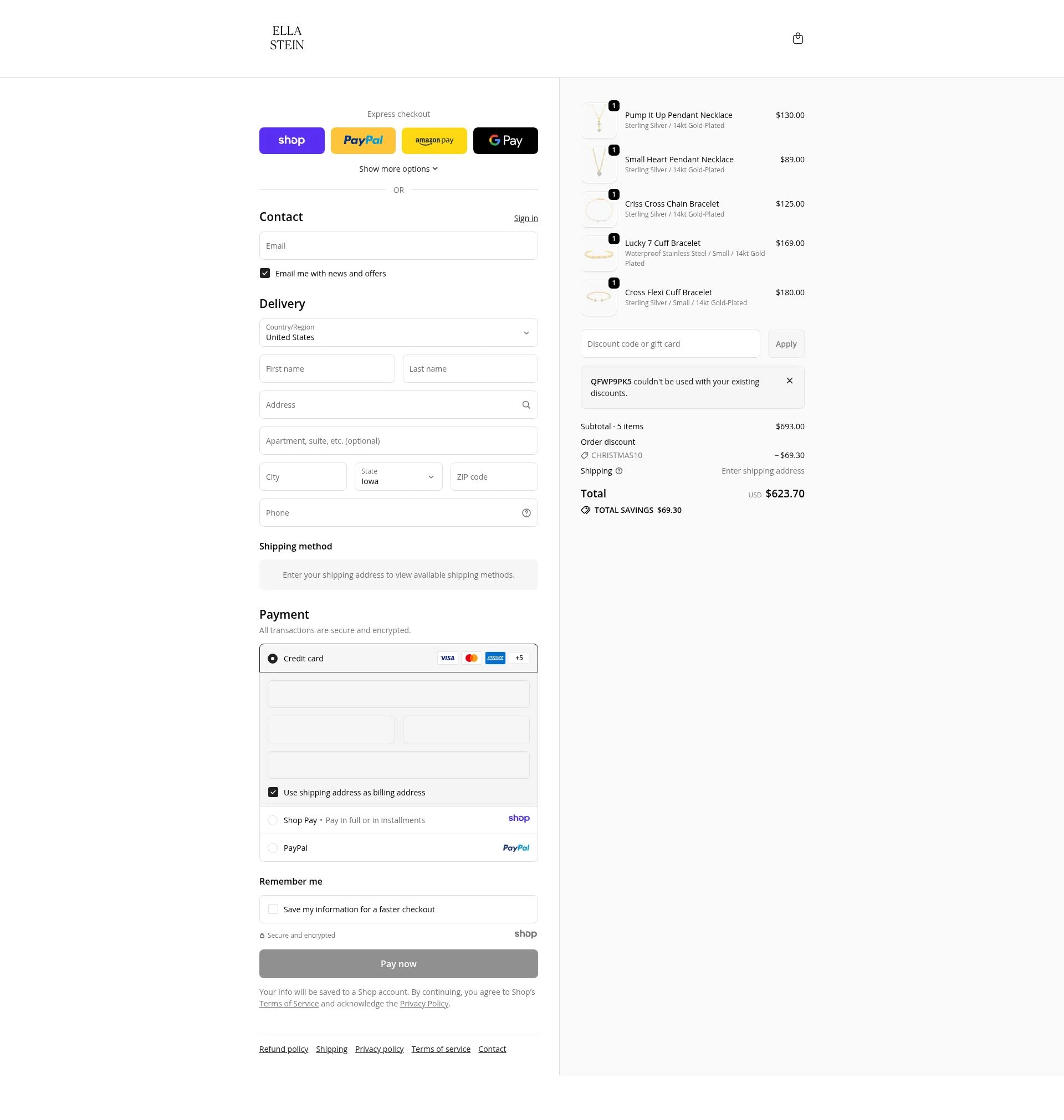 EllaStein checkout page showing EllaStein promo code box | Screenshot taken by SimplyCodes community member on Dec 28, 2025