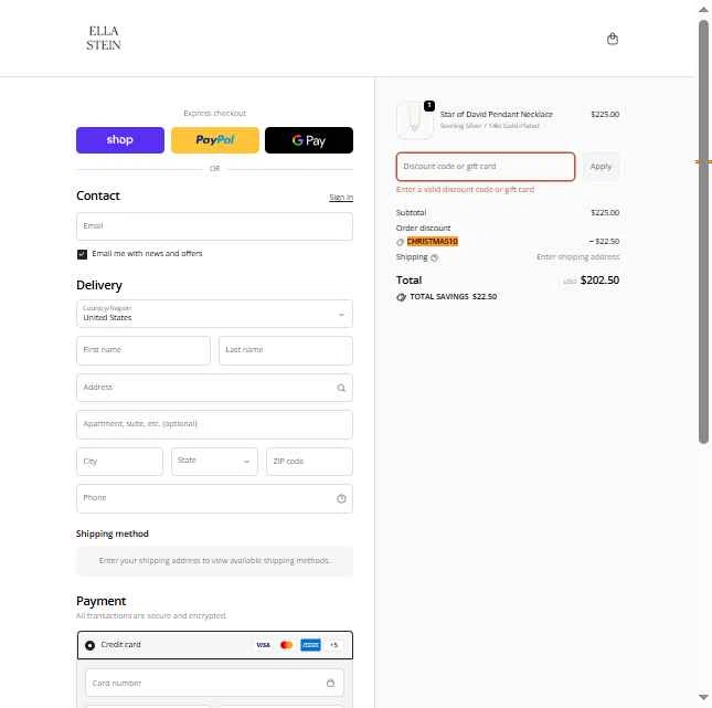 EllaStein checkout page showing EllaStein promo code box | Screenshot taken by SimplyCodes community member on Dec 24, 2025
