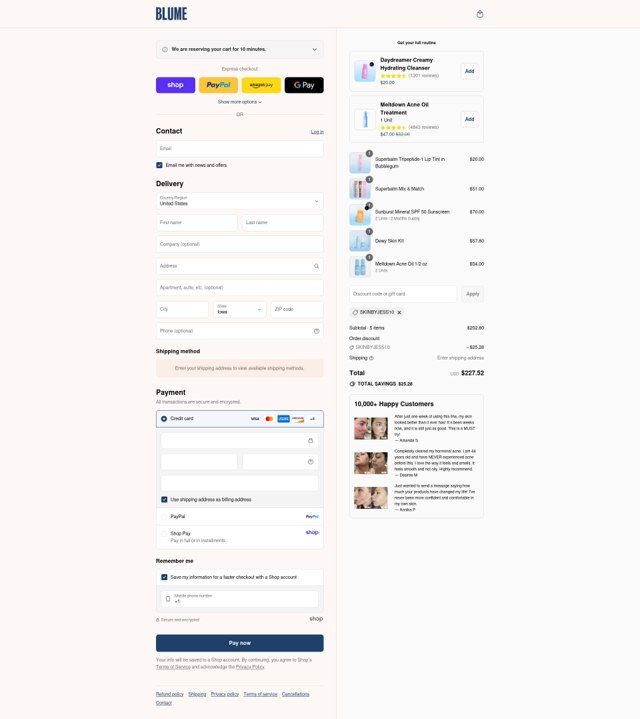 Blume checkout page showing Blume discount code box | Screenshot taken by SimplyCodes community member on Sep 6, 2025